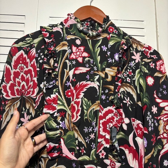 Zara Woman Black and Red Lace Floral Printed Long Sleeve Frill Dress Size X - Picture 3 of 7